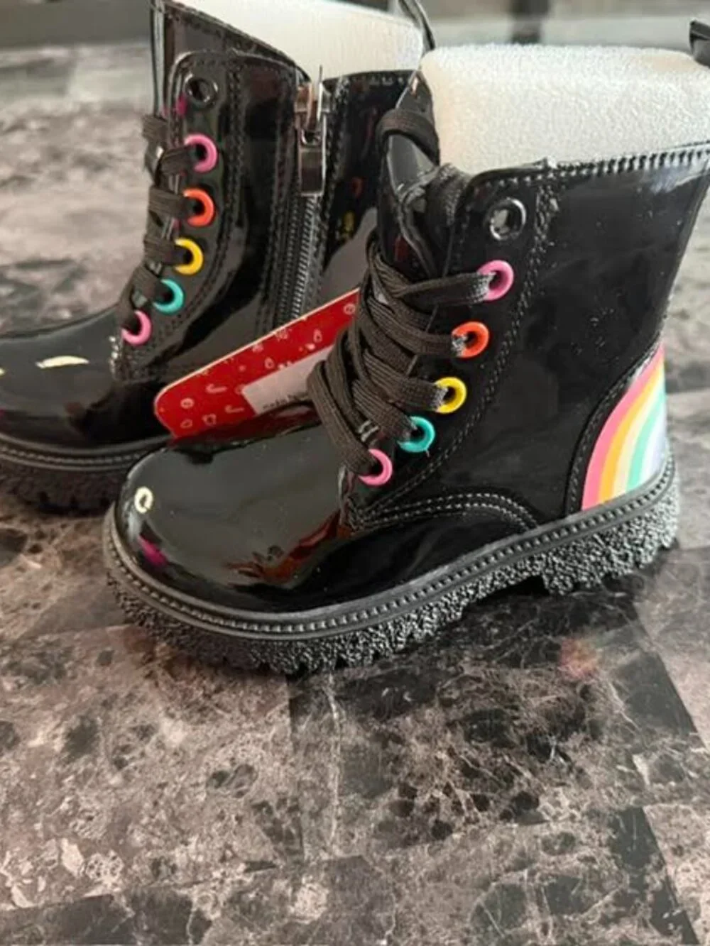 PatPat Girls Toddler Rainbow Combat Boots Black Patent Size 6.5 EU 22.5 NWT